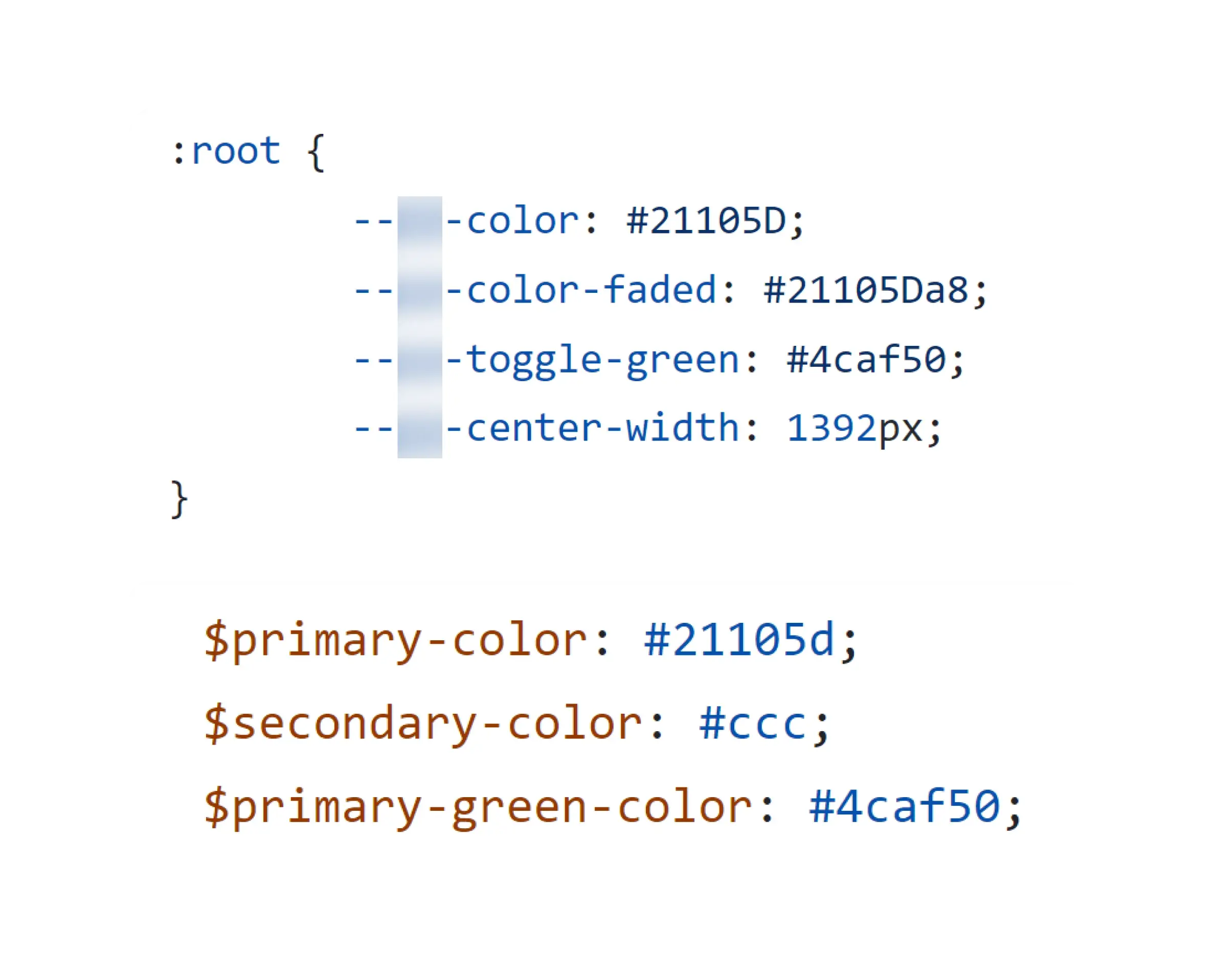 Only a few color variables, some defined twice but with the same purpose